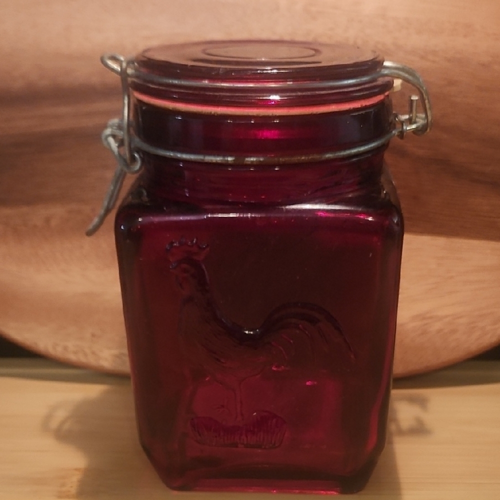 Vintage, Red Glass Jar with Rooster Design